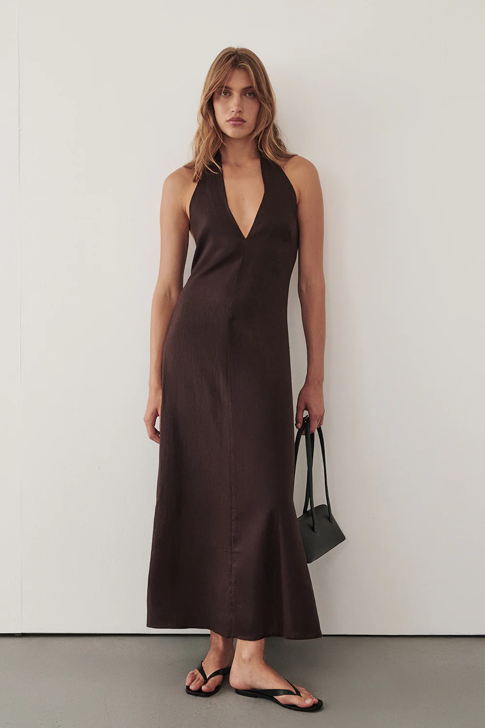 SKY BURNT CHOC LINEN MIDI DRESS