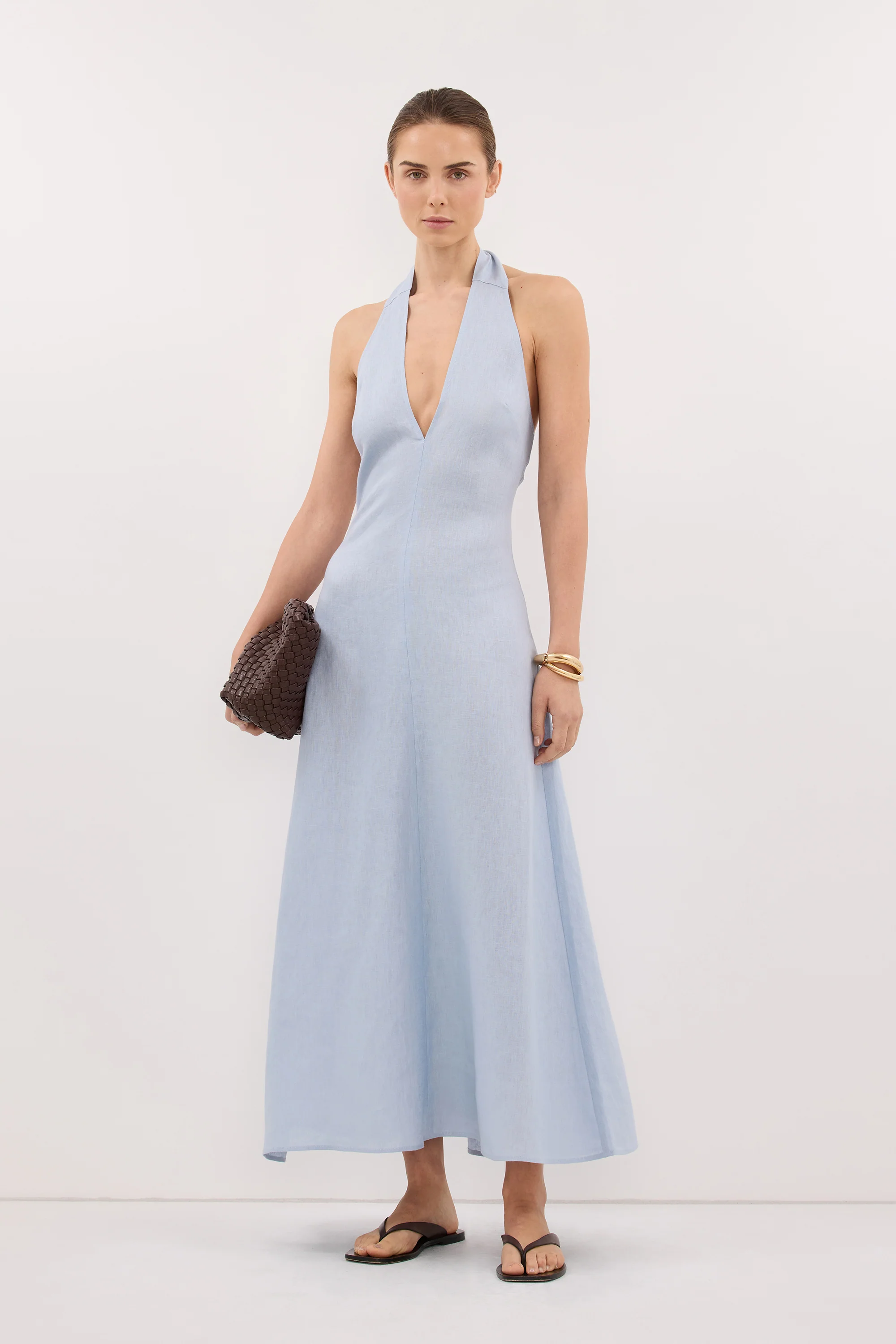SKY DUSTY BLUE LINEN MIDI DRESS