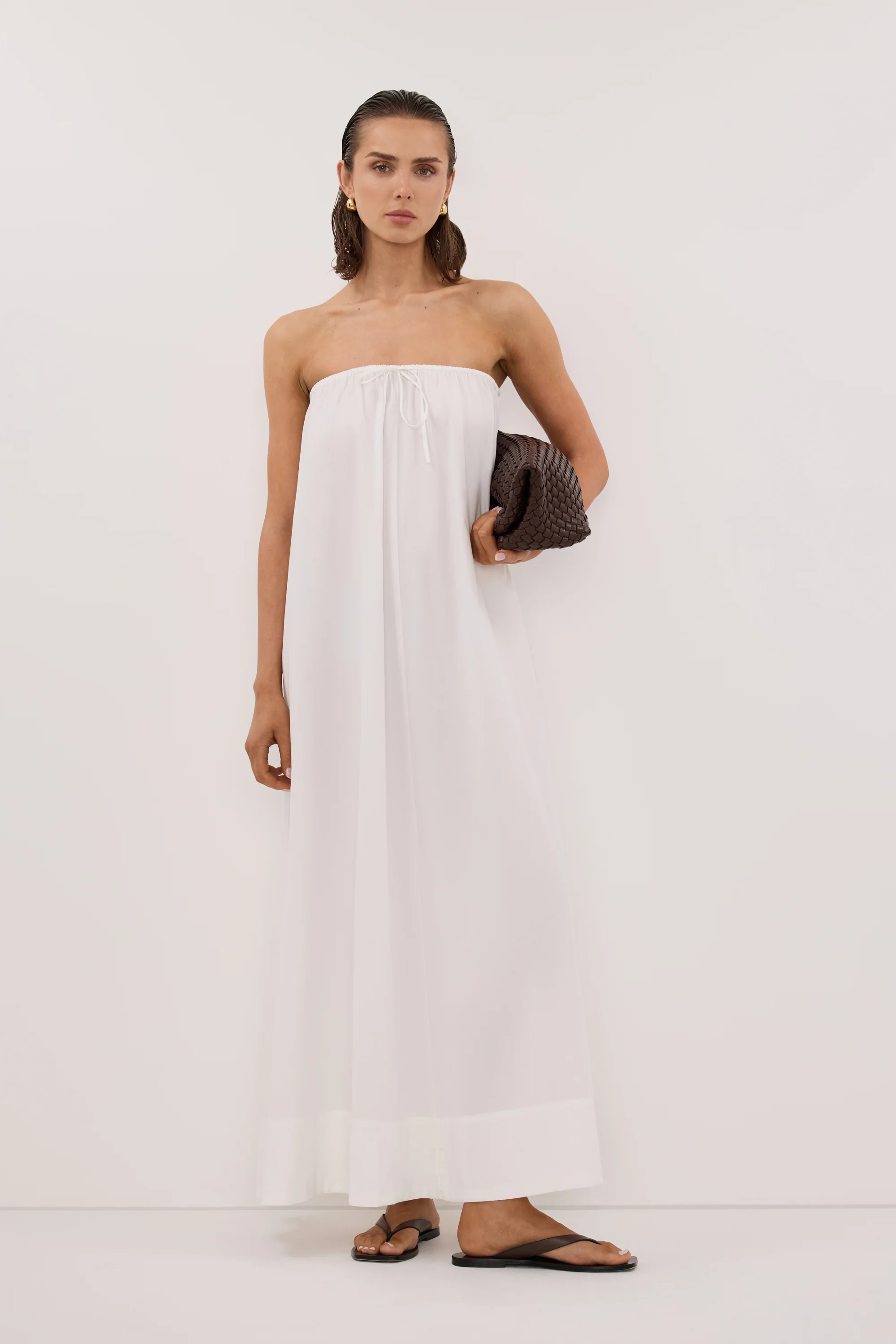 SOMMER WHITE STRAPLESS POPLIN MIDI DRESS