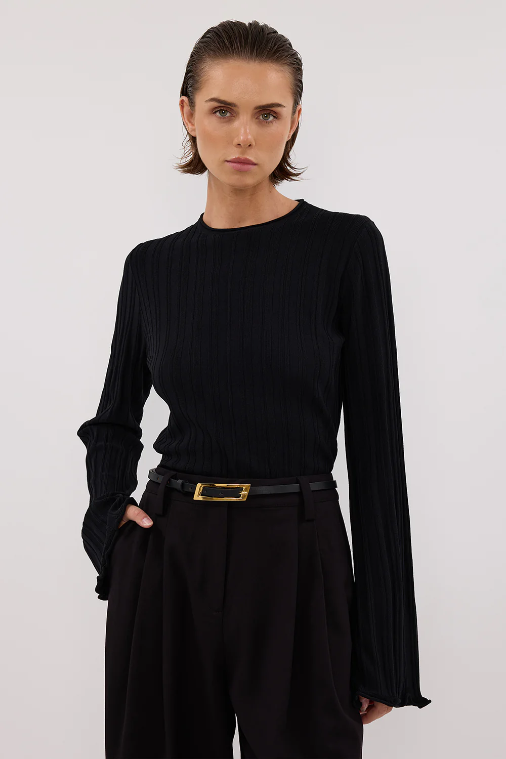 SYLVIA BLACK CREW KNIT TOP - Image 2