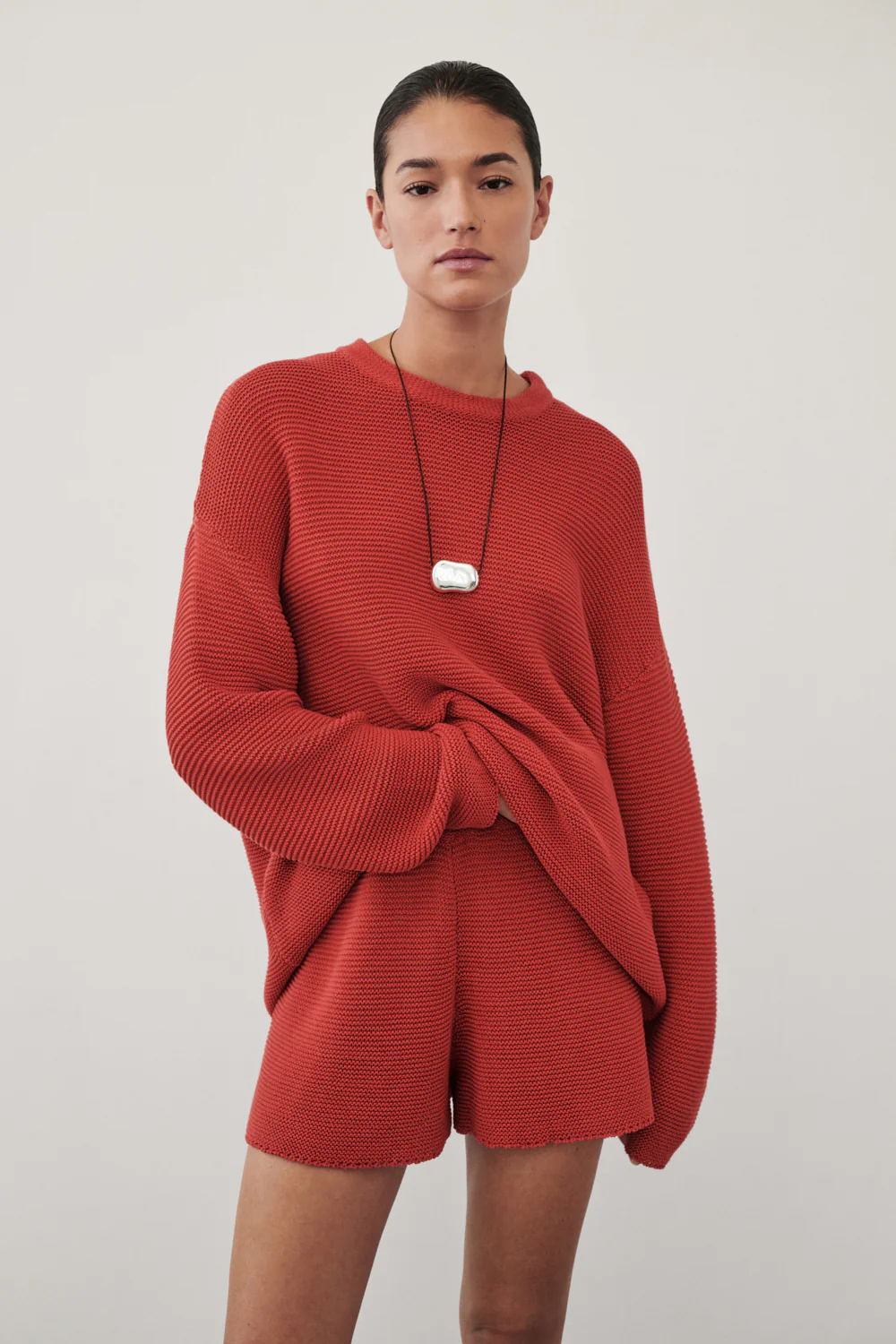 THEA BURNT RED COTTON KNIT SHORTS - Image 2