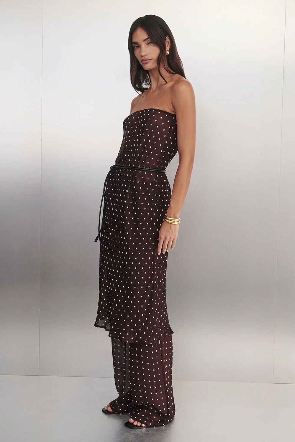 VANESSA BITTER CHOC SHEER SPOT MIDI SKIRT