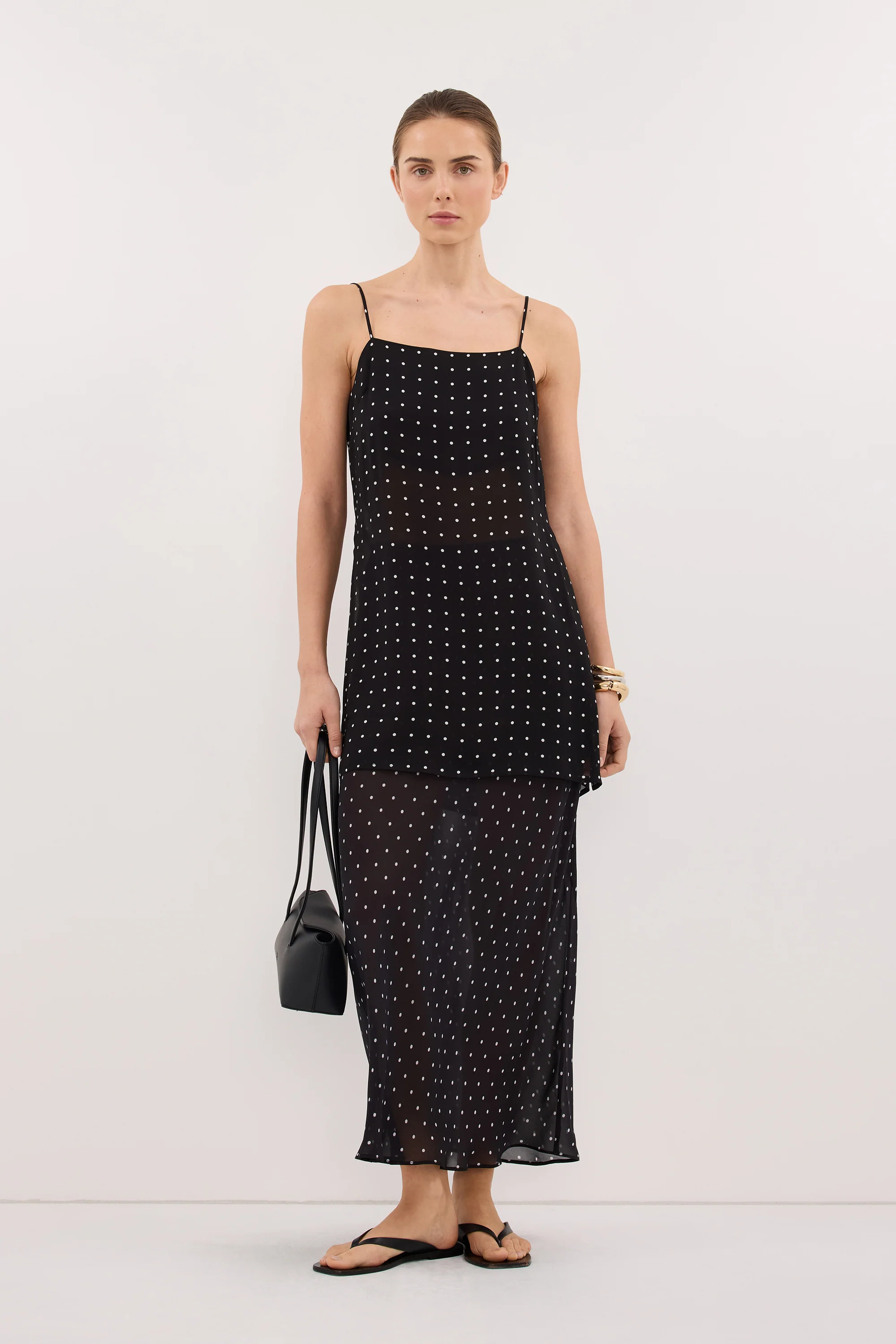 VANESSA BLACK SHEER SPOT MIDI SKIRT