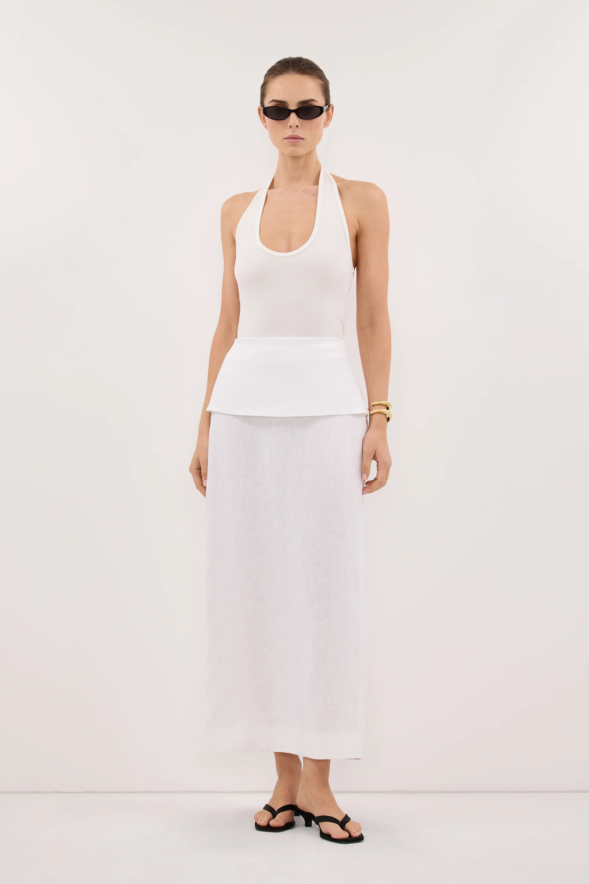 YARA WHITE LINEN FOLDOVER MIDI SKIRT